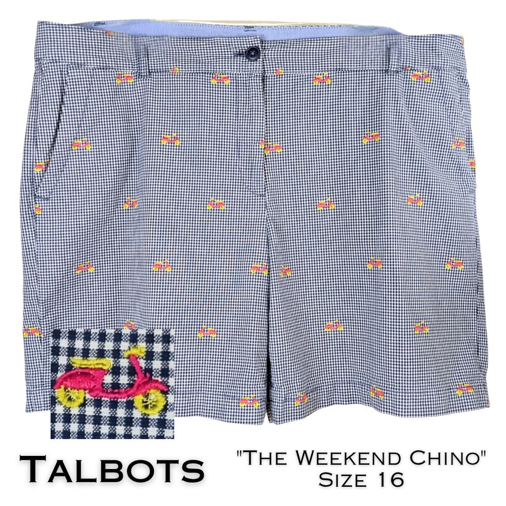 Talbots The Weekend Chino Shorts 16 Navy White Gingham w/ Embroidered Scooters